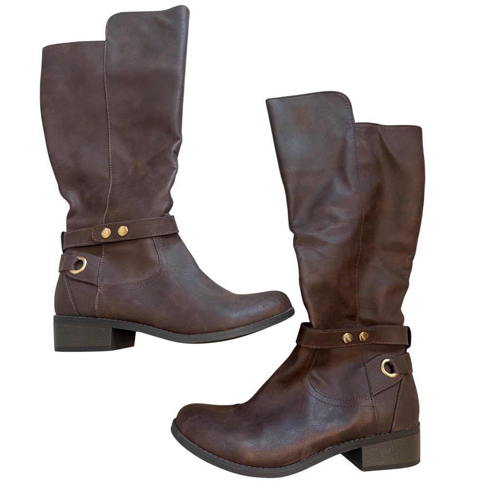 Arizona Jean Co Womens Brown Tall Riding Boots Harness Strap Round‎ Toe Size 8.5
